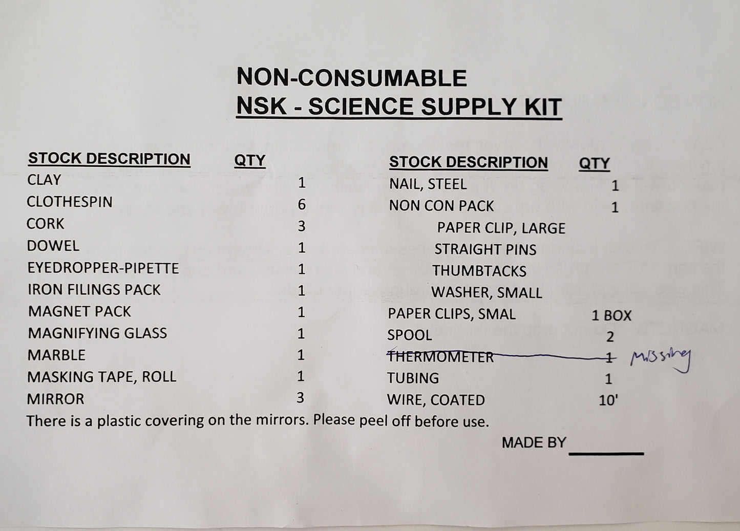 NSK Non-Consumable Science Supply Kit